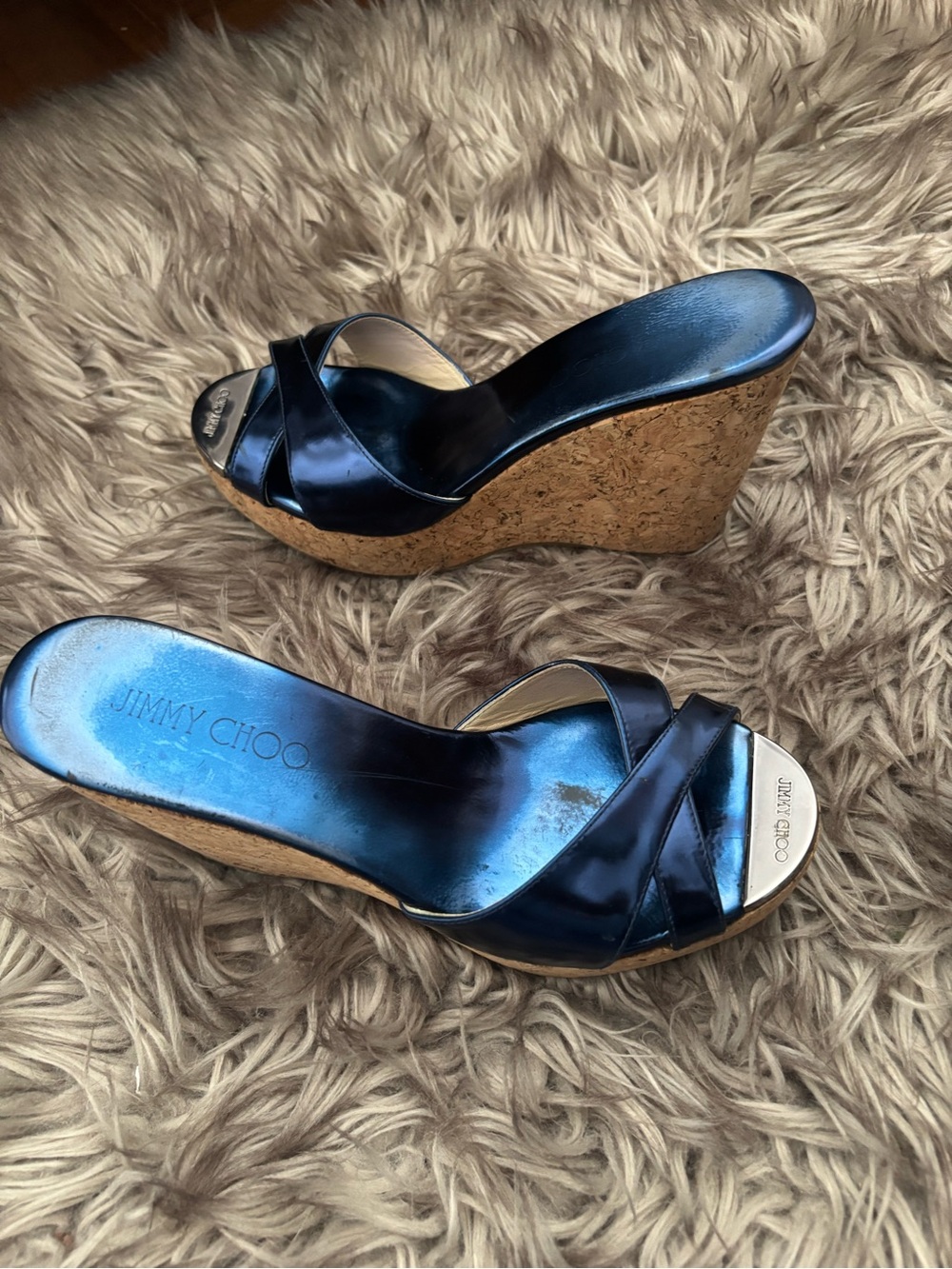 Jimmy Choo Prima Metallic Blue Patent Leather Cork Wedge Sandals EU 37 - Picture 2 of 5
